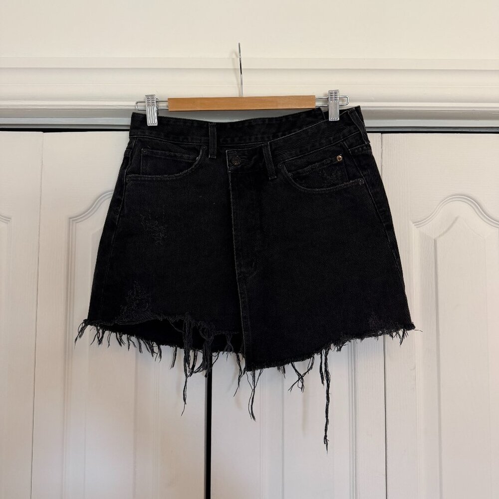 AGOLDE Distressed Asymmetrical Black Denim Mini Skirt